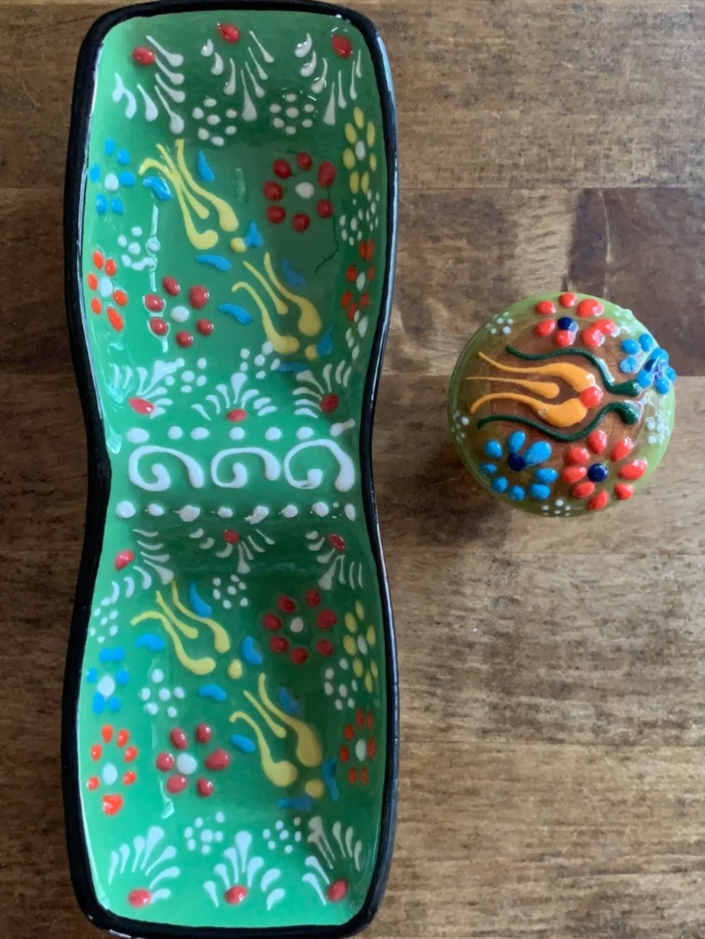 Handmade Ceramic Tidbit Bowl w/ Matching Wine Stopper | Folk Art Style